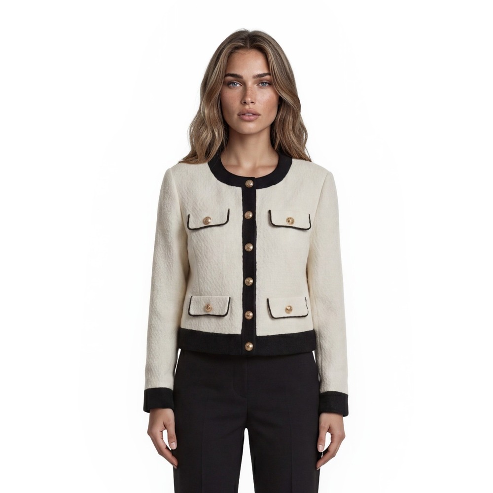 NWOT Eloquii Cream and Black Tweed Contrast-Trim Jacket